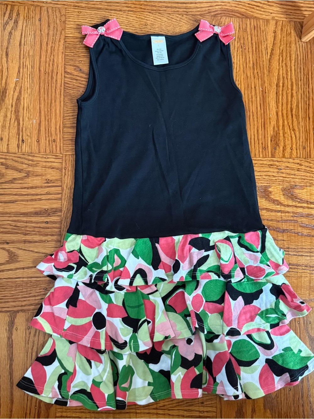 Gymboree Black Tank Dress with Pink Floral Ruffle Skirt and Pink Bow Accents